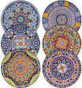 8.5 Inch Ceramic Dinner Plates Set of 6, Bohemian Appetizer Dessert Plates, Microwave Oven Dishwasher Safe, Hand Painted Artisan Design, Gift for Housewarming Thanksgiving