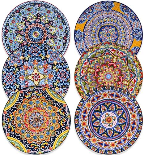 8.5 Inch Ceramic Dinner Plates Set of 6, Bohemian Appetizer Dessert Plates, Microwave Oven Dishwasher Safe, Hand Painted Artisan Design, Gift for Housewarming Thanksgiving