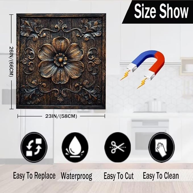 Flower Carved Wood Magnetic Dishwasher Cover Vinyl Sticker,Vintage Wooden Floral Dishwasher Magnet Cover,Rustic Wood Fridge Door Cover Magnets Art Skin Panel Decal for Home Decor, 23"X26"