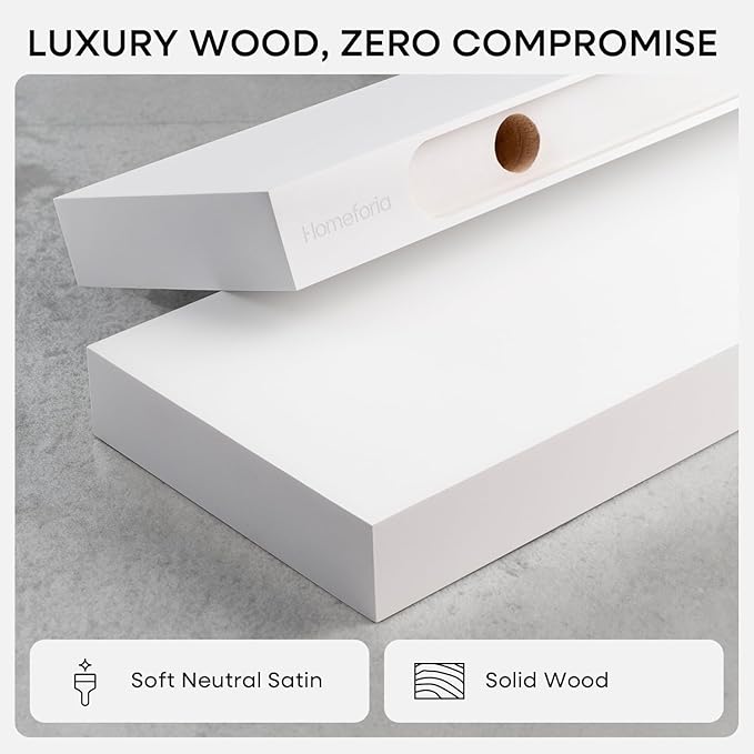 Homeforia White Floating Shelves 36 inch, High End Solid Real Wood 36inch Floating Shelf for Wall Mounted, White Wooden 36in Long Floating Shelves, Heavy Duty Bracket, 36 X 6.5 X 1.75 inches, Set of 3