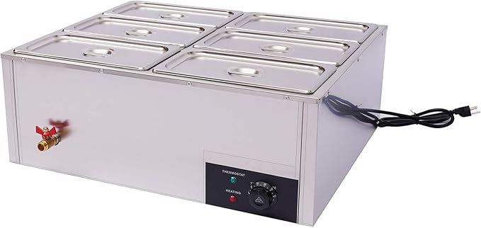 6-Pan Commercial Bain Marie Buffet Food Warmer, 850W 44Qt Electric Steam Table Food Warmer, Countertop Commercial Buffet Warmer, 86℉-185 Temp Control for Buffet Party Catering Restaurant