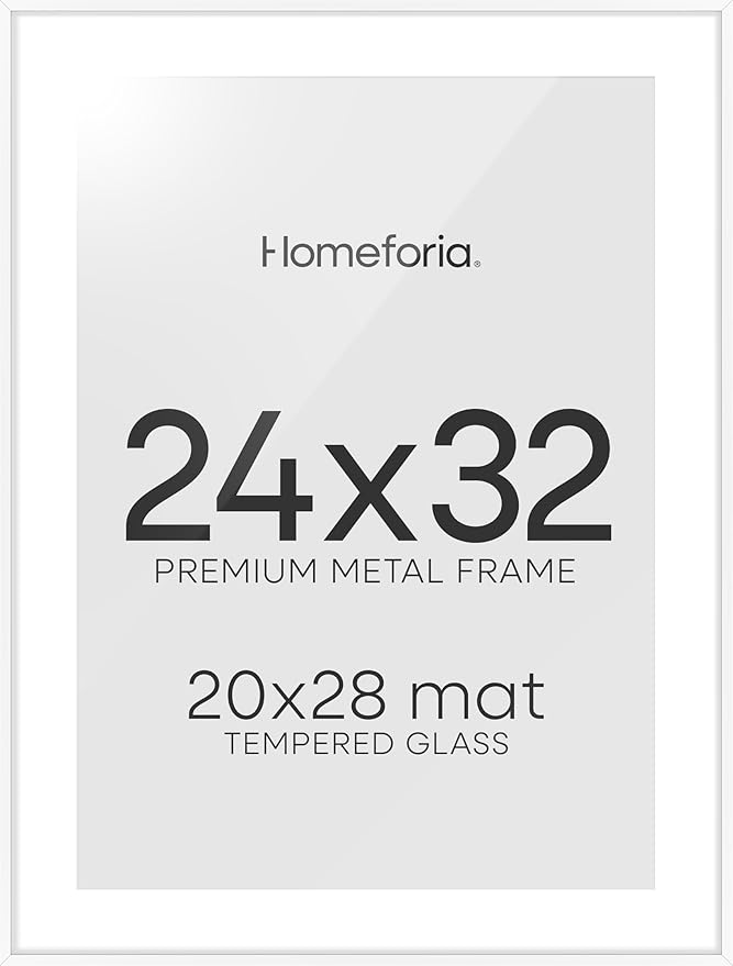 Homeforia 24x32 Poster Frame White, High End Metal 24 x 32 Large Picture Frames with Mat 20 x 28 for Photo, 24x32 Thin Frame Matted to 20x28 inch Print, 32x24 Frame, Tempered Glass, Wall Kit, Set of 1