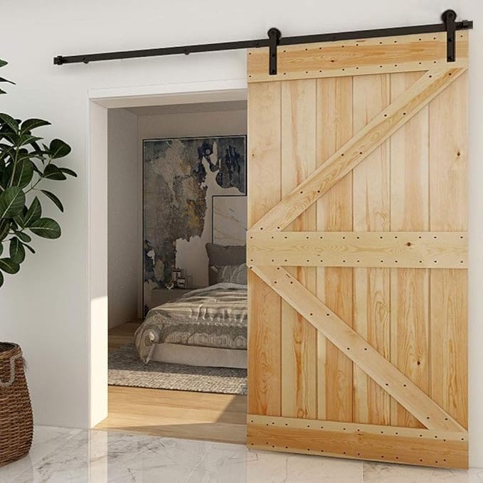 CCJH 12FT Single Sliding Barn Door Hardware Kit Black Carbon Steel Hanger Flat Track System for Closet Kitchen 1 Door 72 inch Wide, Smoothly and Quietly I Shape Roller