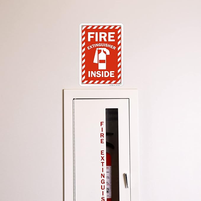 SmartSign 10 x 7 inch “Fire Extinguisher Inside” Metal Sign with Pre-cleared Holes, 40 mil Laminated Rustproof Aluminum, Red and white, Made in USA