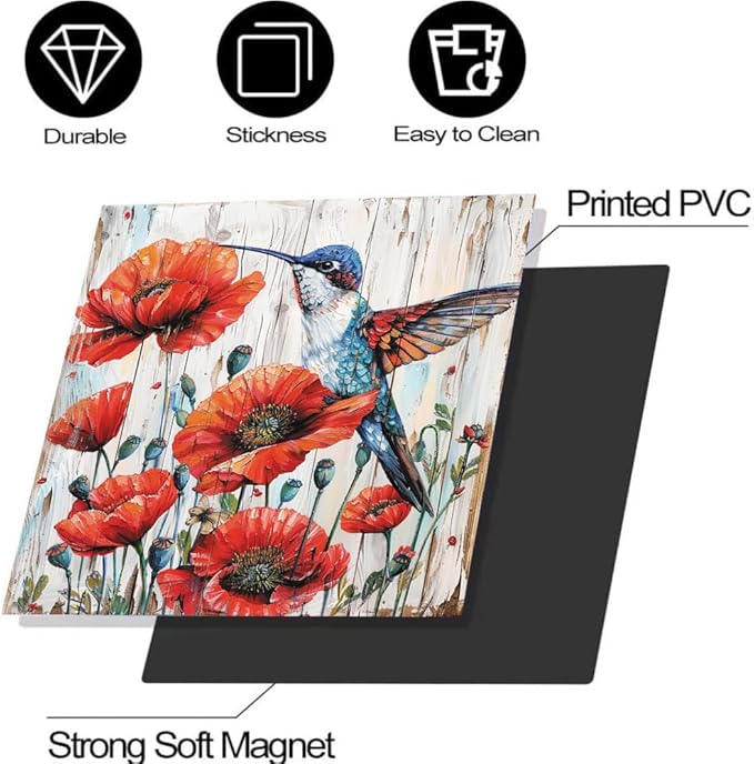 Beautiful Red Poppy Flowers Kitchen Decor Dishwasher Sticker Art Magnet Cover for Door Panels, Hummingbird Rustic Wood Grain Refrigerator Fridge Magnetic Decals for Home Appliance,23x26 in