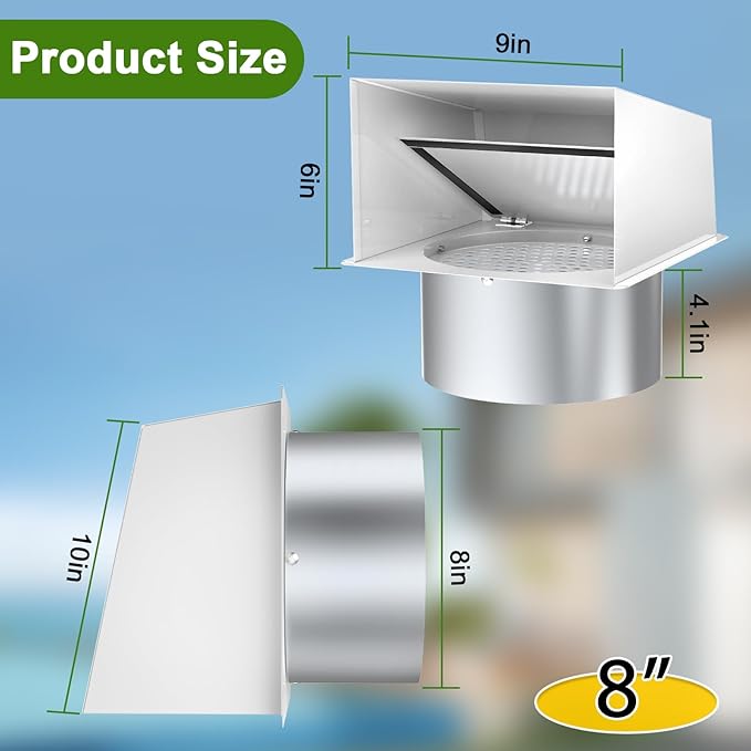 8 Inch Hooded Wall Vent, Dryer Wall Vent Cover Outside with Screen & Damper, Hooded Wall Exhaust Vent Cover, Outdoor Air Vent Cap for Range Hoods/Kitchen/Bathroom/Laundry/Basements/Garages, White