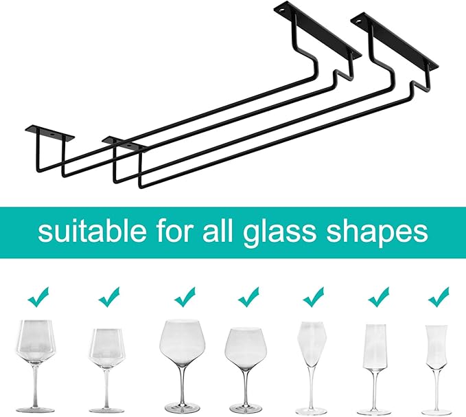 MOCOUM 2 Pack 15.6" Wine Glass Rack Under Cabinet, Stemware Holder Storage Hanger for Up To 10 Glasses, Kitchen Bar (Black)