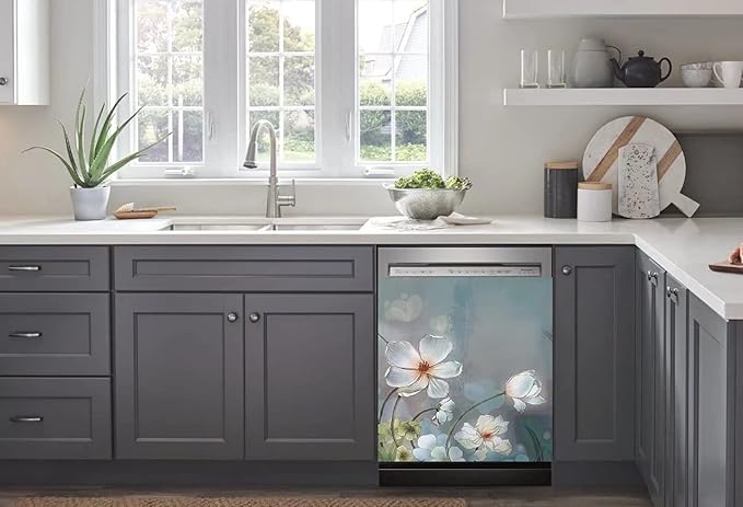 Blooming White Flowers Dishwasher Cover Decorative Magnet Dishwasher Covers for The Front Dishwasher Door Magnet Cover Sticker for Dishwasher Magnetic Dishwasher Cover Panel Decals for Kitchen