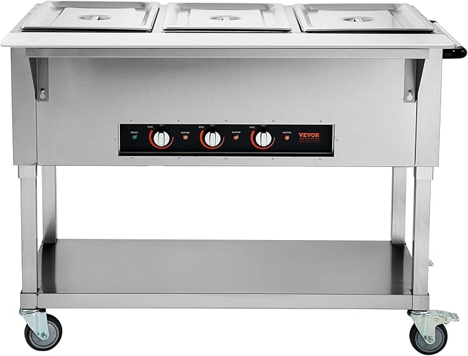 VEVOR 3-Pan Commercial Food Warmer, 3 x 20.6QT Electric Warm Table, 1500W Professional Buffet Catering Food Warmer with 4 Wheels (2 Lockable), Food Grade Stainless Steel Server for Party Restaurant