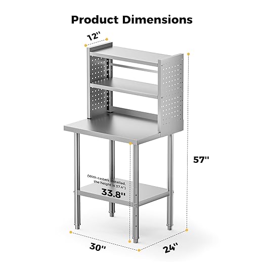 30x24 in NSF All Stainless Steel Table with Adjustable Shelf & Pegboard Panels & Casters, Kitchen Prep Table Commercial Heavy-Duty Worktable with Large Space Storage for Restaurant Garages