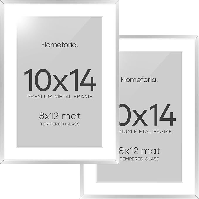Homeforia 10x14 Picture Frame Silver, High End Metal 10x14 Frames with Mat 8x12, 10 x 14 Silver Poster Frame Matted to 8 x 12 inch Photo, 10by14 Thin Hanging Frames, Tempered Glass, Wall Kit, Set of 2