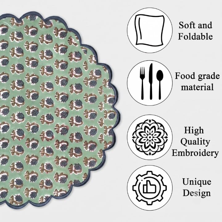 Ridhi Floral Block Print Round Placemats 15 Inch, Set of 4, Basil Green