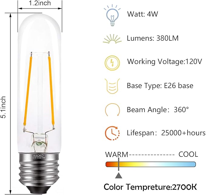 T10 Edison LED Tube Bulbs - Warm White, 2700K, Dimmable - Vintage Style, 4W Equivalent to 40W Incandescent, E26 Base, 3 Pack for Pendant Lights & Desk Lamps