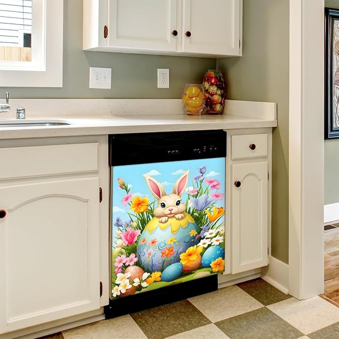 Easter Bunny Egg Bright Flower Dishwasher Magnet Cover, Reusable Refrigerator Panel Stickers Microwave Front Door Covers Magnets for Kitchen Home Appliances Holiday Party Decorations 23 X 26 in