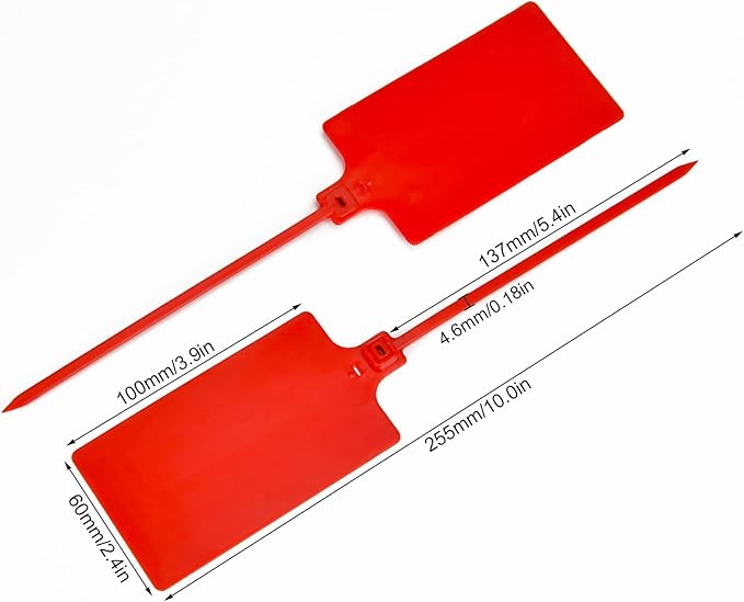 100 Red Plastic Writable Shipping Tags - Large, Waterproof, Hanging Label Tags with One Permanent Marker Pen