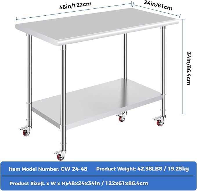OSTBA Stainless Steel Table for Prep & Work 24x48 Inches with Casters Wheels, NSF Metal Commercial Heavy Duty Table with Adjustable Undershelf for Restaurant Kitchen Home and Hotel