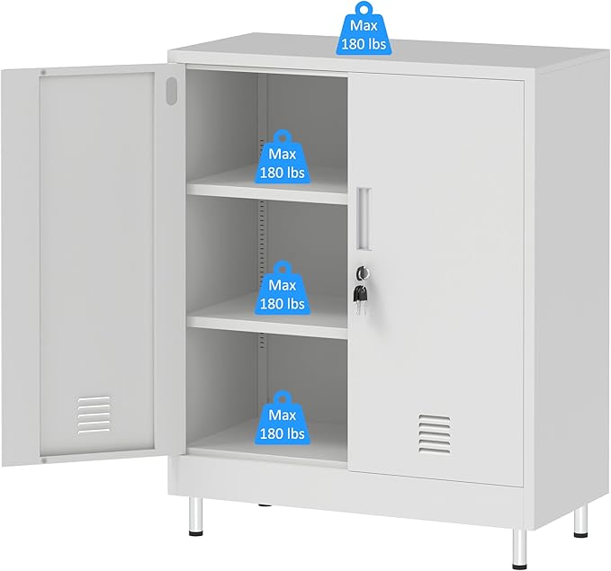 Metal Storage Cabinet with Locking Doors and 2 Adjustable Shelves, Lockable Storage Cabinet for Home Office Garage Pantry Living Room (White)