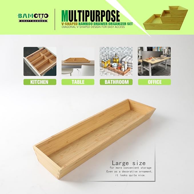 V-Shaped 3-Pack 19.6" Long Bamboo Drawer Organizer Box - Easy Reach Cutlery Tray for Flatware Silverware Utensil, Kitchen & Home Use (19.6"x5.7"/19.6"x7.8"/19.6"x12.4")