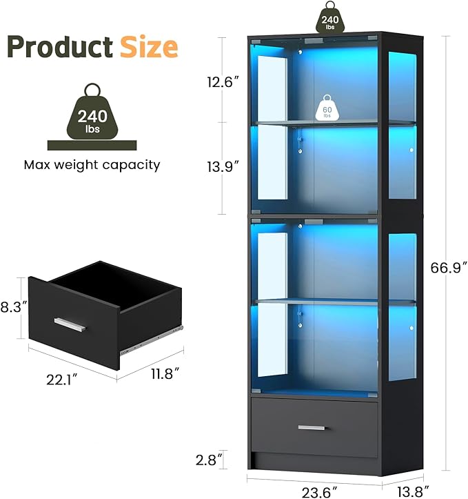 Display Cabinet with Glass Doors - 67" Curio Cabinet with RGB LED Lights and Drawer for Collectibles, 4 Tier Glass Display Case for Living Room, Office, Black(Narrow)