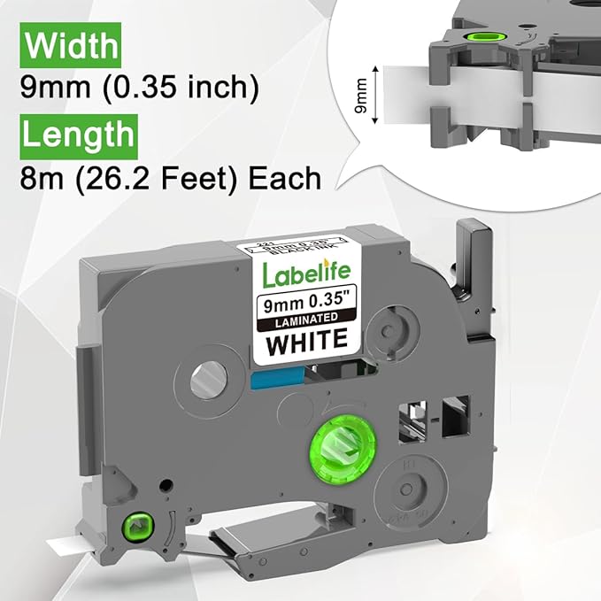 Labelife TZe-221 TZe221 Replacement for Brother P Touch Label Maker Tape 9mm TZe TZ Tape 9mm 0.35 Laminated White for Brother PT-D210 PT-D220 PT-D200 PT-H110 PT-D400 PT-D410, 3/8 Inch, 5-Pack
