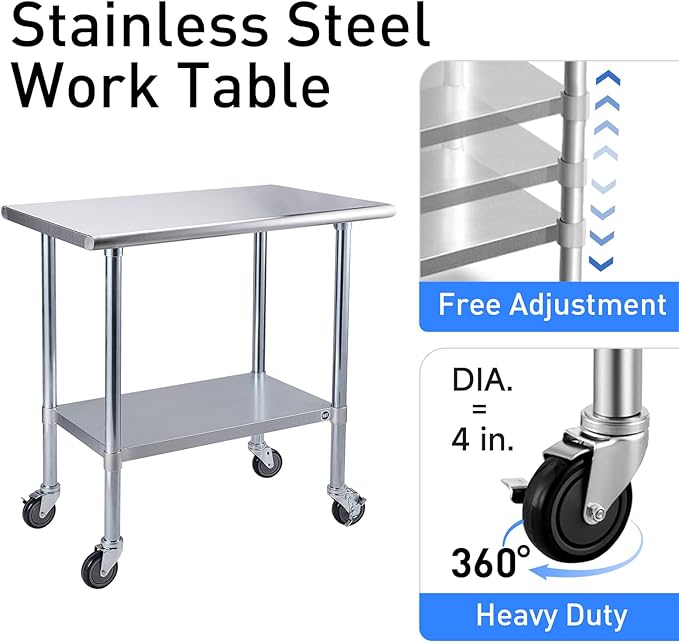 ROCKPOINT Stainless Steel Table for Prep & Work with Caster Wheels 18x60 Inches, NSF Metal Commercial Kitchen Heavy Duty Table with Adjustable Under Shelf and Table Foot for Restaurant, Home and Hotel