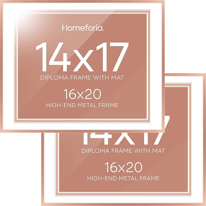 Homeforia 16x20 Diploma Frame Rose Gold, High End Metal 16 x 20 Certificate Frame with Mat 14 x 17, 16by20 Document Frame Matted to 14by17, Graduation Degree Frames, Tempered Glass, Wall Kit, Set of 2