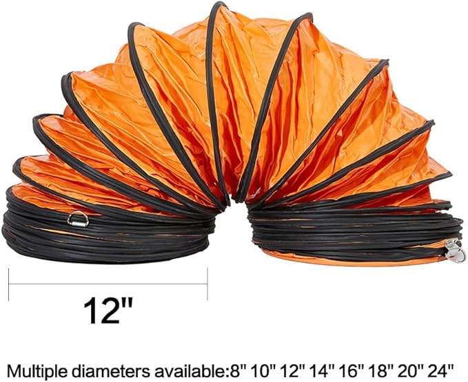 PVC Flexible Duct Hose, HVAC Duct Hosing Flame Retardant for Ventilator Utility Blower Fan with Adjustable Rope and D-Ring, Easy Storage (12inx16ft)