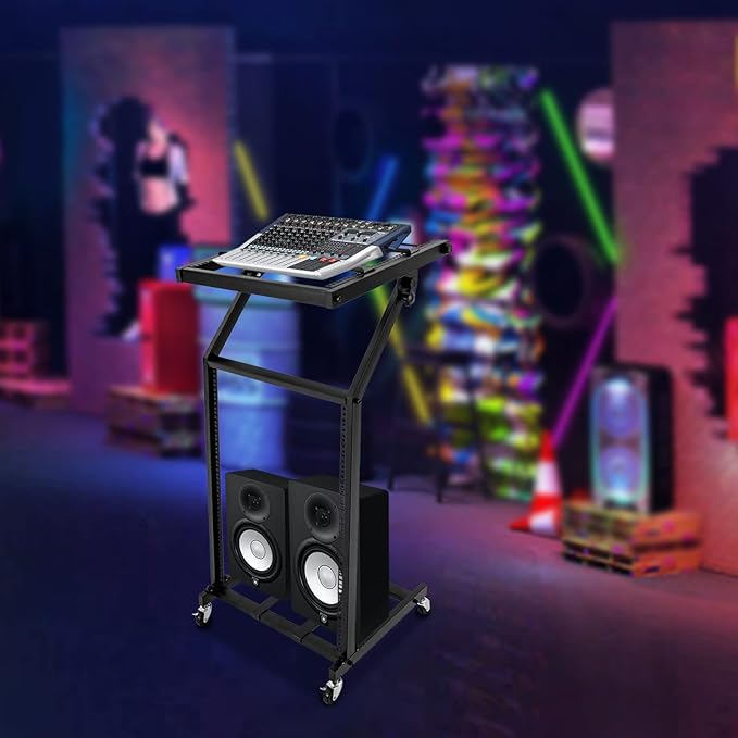 DJ Mixer Stand, 2-Layer Audio Device Rack with 4 Wheels, Audio Studio Mixer Stand for Homes Offices Stage Concert Studio Equipment Rolling Stage Cart (16U)