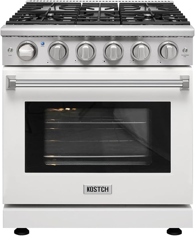 KOSTCH 30 inch Professional Freestanding Pro-Style Natural Gas Range or Liquid Propane Gas Range with 5 Burners, 4.55 cu.ft. Oven Capacity, in White- KOS-30RG03M (White-01)