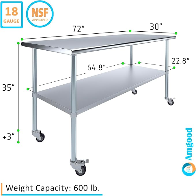 AmGood 72" Long x 30" Deep Stainless Steel Table with Casters