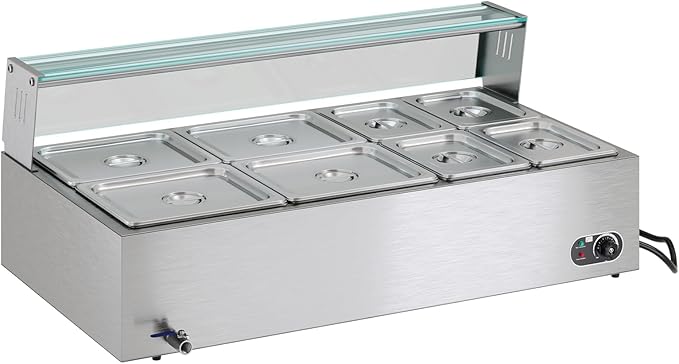 Jocisland 8-Pan 72QT Commercial Food Warmer, 1500W, Stainless Steel with Glass Lid & Food Tongs, 86-185°F Adjustable Heat for Catering and Restaurants, 110v