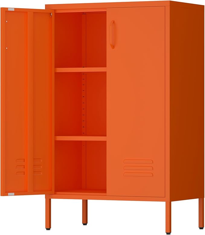 Metal Locker Cabinet,Morden Storage Cabinet with 2 Adjustable Shelves,Metal Storage Cabinets with 2 Doors for Home Office.Entryway,Orange
