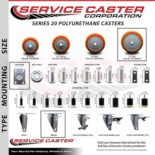 Service Caster Brand Replacement Caster for Uline Caster H-5540S-Swivel Top Plate Caster with 5 Inch Orange Polyurethane Wheel-Light Duty Replacement Caster-Fit Cart, Dollies and Poly Box Truck H-3840