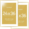 Homeforia 24x36 Gold Picture Frame, High End Metal 24 x 36 Large Poster Frames with Mat 20 by 30 inch Photo, 24x36 Gold Frame Matted to 20x30 for Print, 36x24 Frame, Tempered Glass, Wall Kit, Set of 2