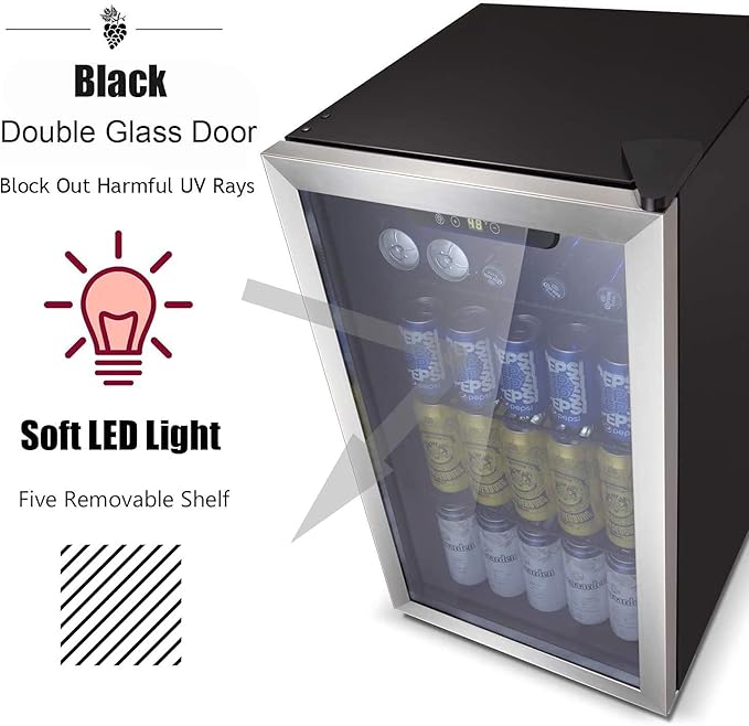 Antarctic Star Beverage Refrigerator -125 Can Mini Fridge for Soda Beer or Wine, Stainless steel door frame, for Office or Bar with Adjustable Removable Shelves, Black, 3.3 Cu.Ft