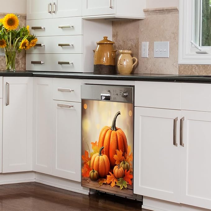 Fall Maple Leaf Pumpkin Dishwasher Magnet Cover Magnetic Dishwasher Decorative Cover Front Dishwasher Door Covers Reuseable Dishwasher Covers Panel for Kitchen Refrigerator Home Appliances 23" X 26"