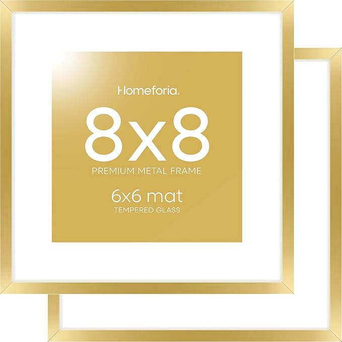 Homeforia 8x8 Picture Frame Gold, High End Metal 8 x 8 Square Photo Frames with Mat 6 by 6, 8x8 Poster Frame Matted to 6x6 inches Print, 8by8 Wall or Tabletop Frame, Tempered Glass, Wall Kit, Set of 2