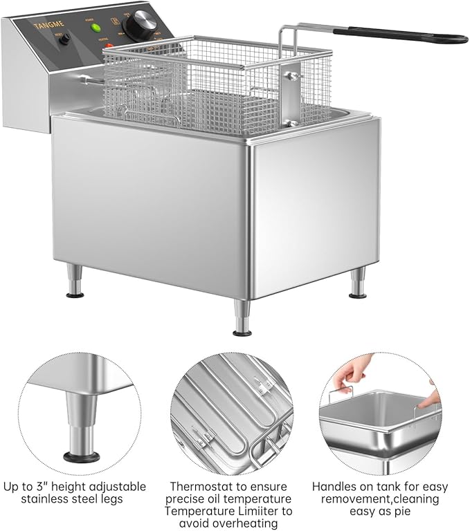 TANGME Deep Fryer with Single Basket, 1750W Electric Countertop Fryer 12.7Qt Heavy Duty Large Commercial Deep Fryers with Lid and High Legs for Restaurant, UL Certified