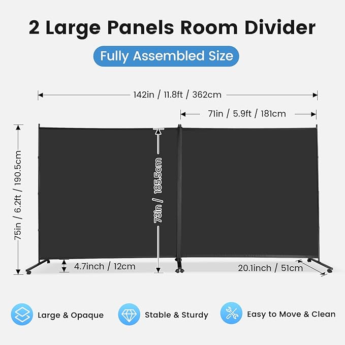 MAYOLIAH Indoor Room Divider 2 Large Panels on Wheels, 142”W x 75”H Rolling Privacy Screen W/Cover Strip, Portable Wall Divider for Home Office Partition, Black