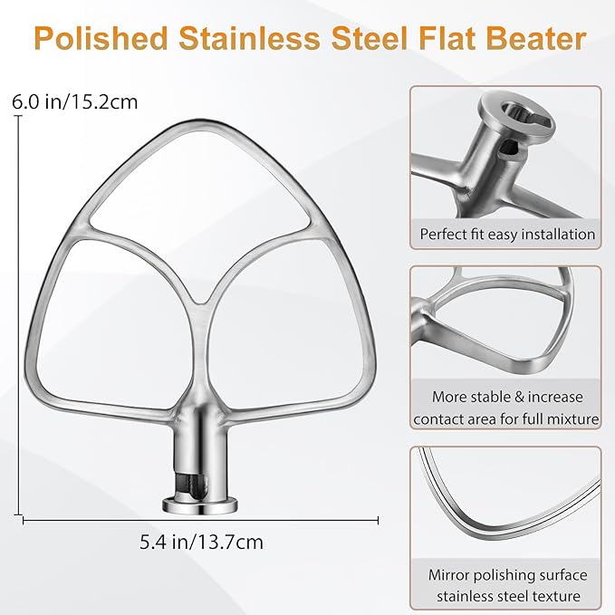 Stainless Steel Flat Beater for KitchenAid 4.5qt-5qt Tilt-Head Stand Mixer, Fit forClassic, Classic Plus and Artisan Mixer K45SS, KSM75, KSM90, KSM110, KSM125, KSM150, Heavy Duty and Dishwasher Safe