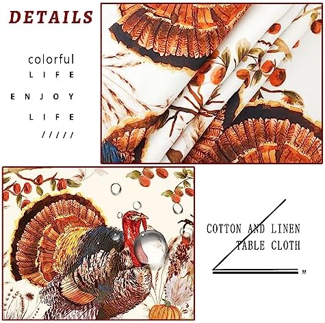 Fall Thanksgiving Double Border Decoration Tablecloth, Turkey & Pumpkin Harvest Tablecloths, Waterproof Table Cover for Dinner Kitchen Party Holiday Decorations Oval 60 x 84 Inch