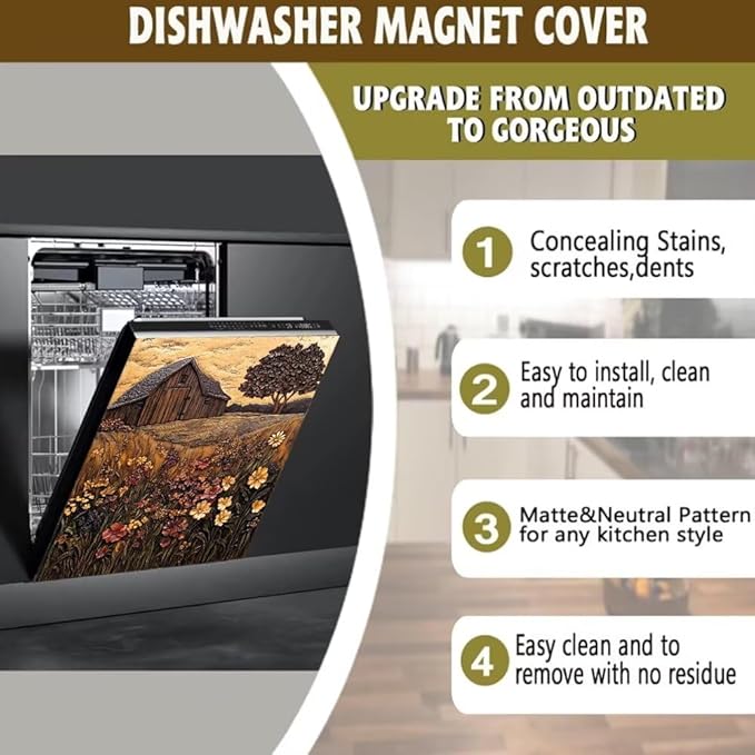 Farmhouse Barn Scene Flowers Magnetic Dishwasher Cover Vinyl Sticker,Vintage Wooden Floral Dishwasher Magnet Cover,Rustic Fridge Door Cover Magnets Art Skin Panel Decal for Home Decor, 23"X26"