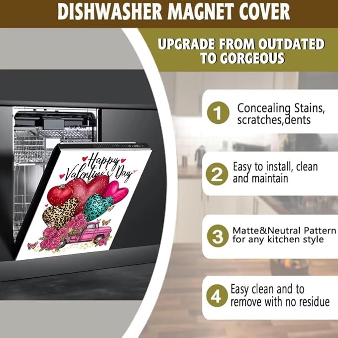 Happy Valentine's Day Magnetic Dishwasher Cover Vinyl Sticker,Pink Truck with Hearts and Roses Dishwasher Magnet Cover, Fridge Door Cover Magnets Art Skin Panel Decal for Home Decor, 23"X26"