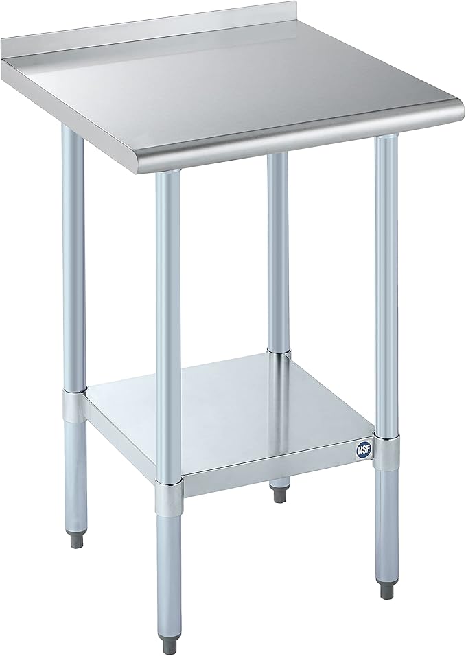 ROCKPOINT Stainless Steel Table for Prep & Work with Backsplash 24x24 Inches, NSF Metal Commercial Kitchen Heavy Duty Table with Adjustable Under Shelf and Table Foot for Restaurant, Home and Hotel