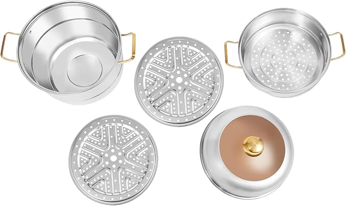 Steamer 32cm/12.6in, 3-tier Stainless Steel Steam Cooker w/Visual Lid & Golden Handles, Home Round Stackable Multipurpose Steam Pot for All Stoves (1xBottom Pot, 1xSteaming Basket, 2xSteaming Slices)
