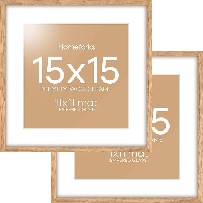 Homeforia 15x15 Picture Frame Natural Wood, High End Oak 15 x 15 Square Light Wooden Frames with Mat 11 by 11 inch Photo, 15by15 Poster Frames Matted to 11x11 Print, Tempered Glass, Wall Kit, Set of 2