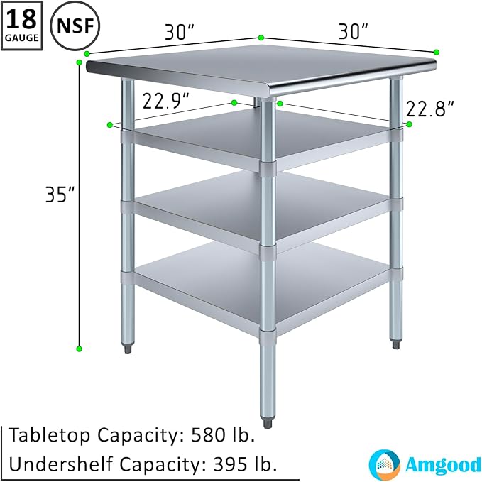 30 in. x 30 in. Stainless Steel Work Table with Three Bottom Shelves | NSF Kitchen Prep Table | Utitly Metal Table