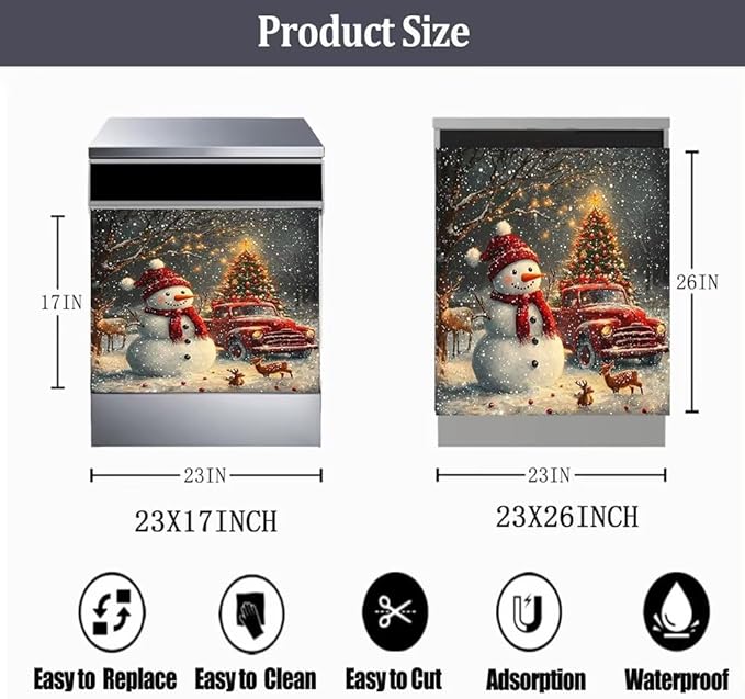 Christmas Snowman Dishwasher Magnet Cover, Winter Deer Dishwasher Cover Panel Decal for Front, Red Truck Magnetic Refrigerator Magnets Holiday Decor Kitchen Appliance Sticker, 26"x26"