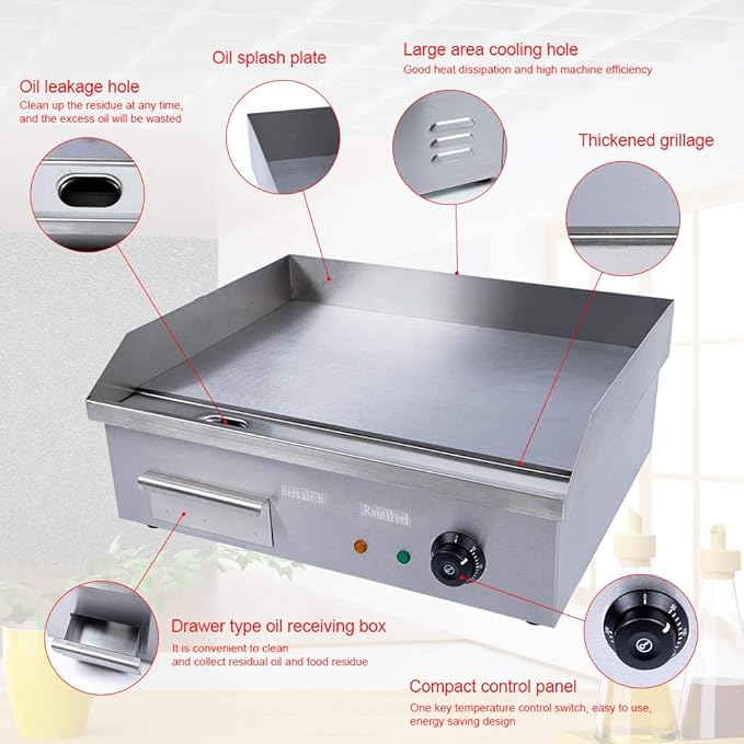 Commercial Electric Griddle 110V 3000W Electric Flat Top Griddle Non-Stick Teppanyaki Grill, 22'' x 14'' Cooking Plate, Stainless Steel Restaurant Electric Countertop Griddle Tabletop Grill