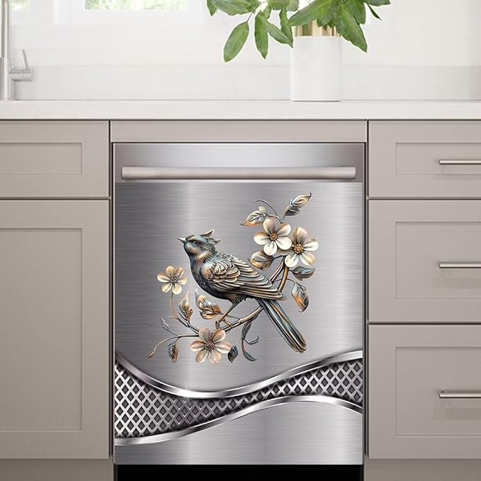 Imitation Stainless Steel Design Bird Painting Dishwasher Magnet Cover Panel Magnetic Refrigerator Cover Sticker for The Front Door Cover,23W x 17H inchs